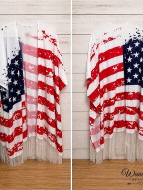 American Flag Fringe Kimono - Red, White & Blue
